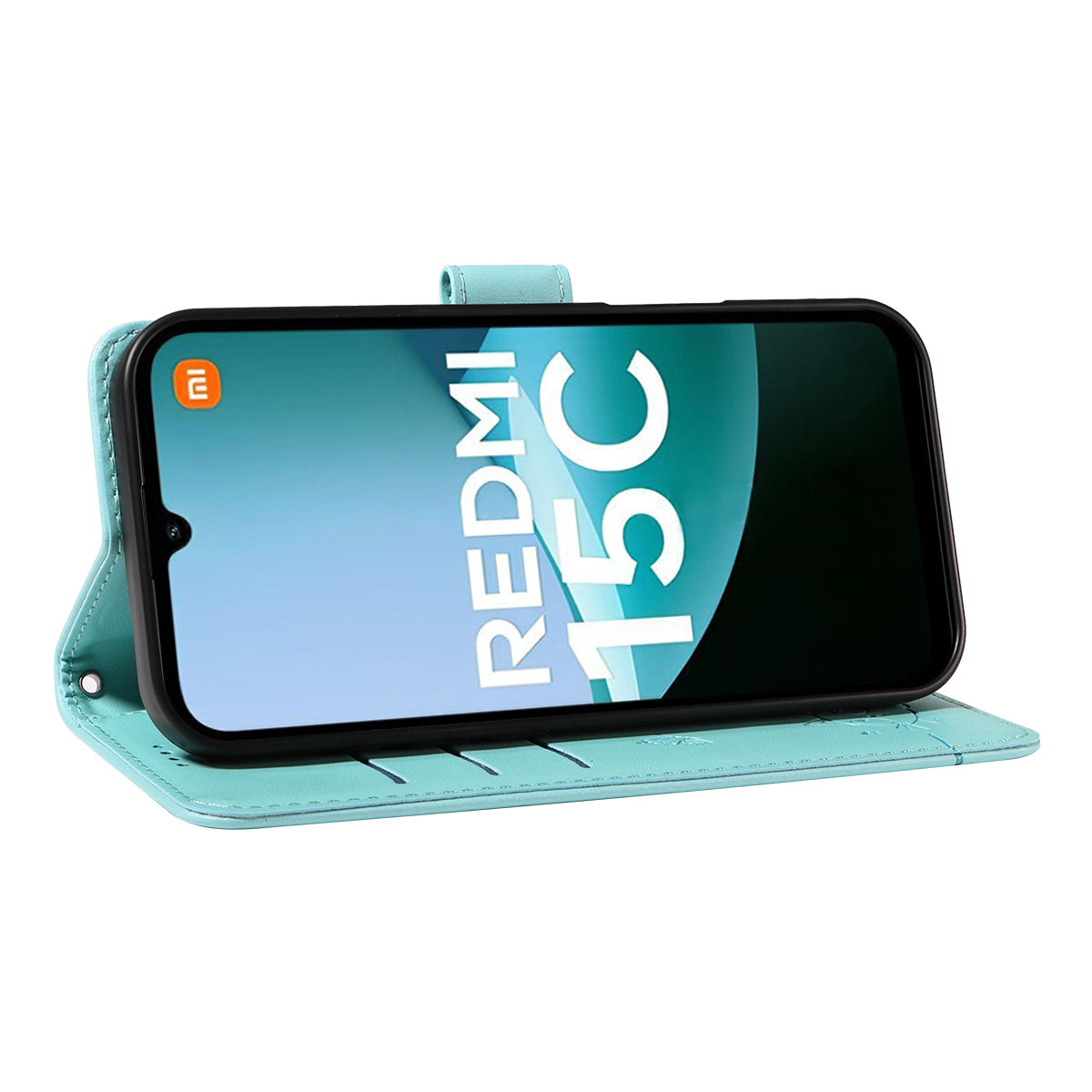 For-Xiaomi-Redmi-15C-5G-(EU)-(173mm)-/-15C-4G-(EU)-(173mm)-Case-Cat-Pattern-Imprint-Leather-Phone-Cover-with-Wrist-Strap-Green