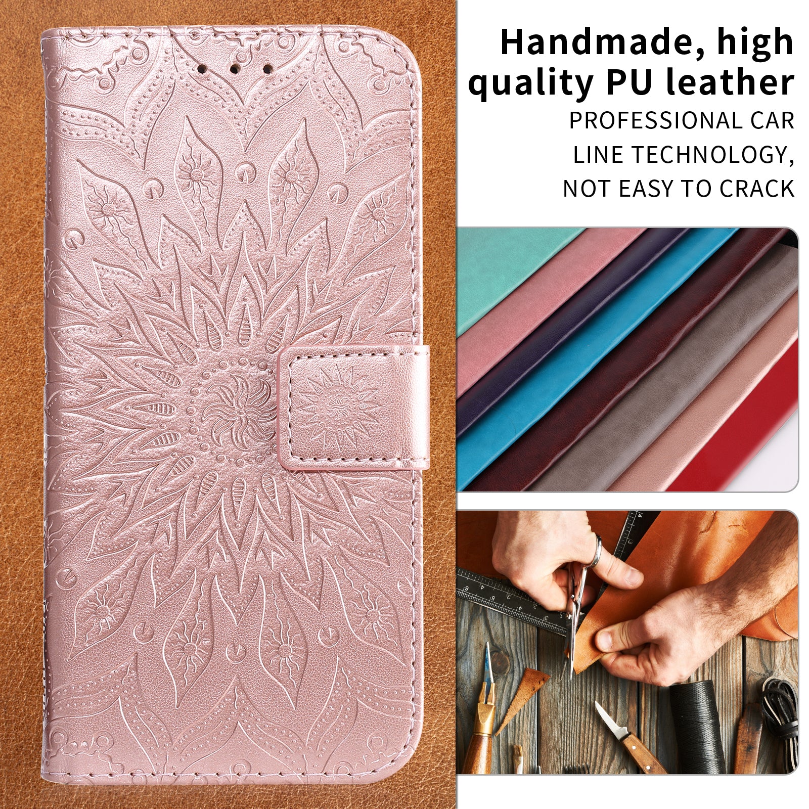 For-Xiaomi-Redmi-15C-5G-(EU)-(173mm)-/-15C-4G-(EU)-(173mm)-Leather-Wallet-Case-Sunflower-Imprinted-Phone-Cover-Rose-Gold