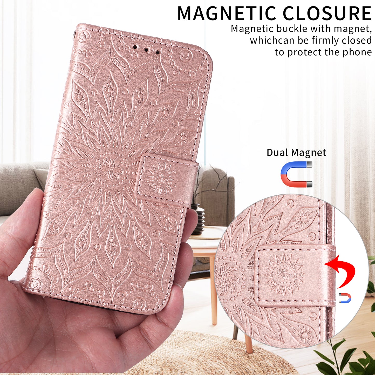 For-Xiaomi-Redmi-15C-5G-(EU)-(173mm)-/-15C-4G-(EU)-(173mm)-Leather-Wallet-Case-Sunflower-Imprinted-Phone-Cover-Rose-Gold