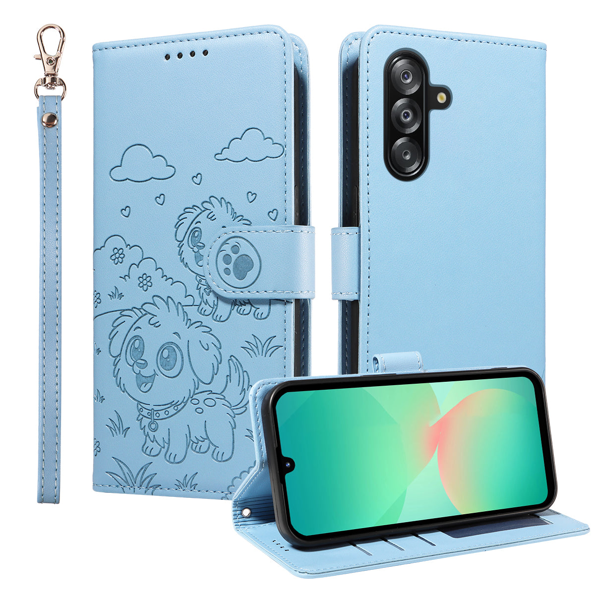 For-Samsung-Galaxy-A16-4G-/-A16-5G-/-A26-5G-/-A17-5G-/-A17-4G-Case-RFID-Blocking-Imprint-Dog-Pattern-PU-Leather-Phone-Cover-with-Wrist-Strap-Blue