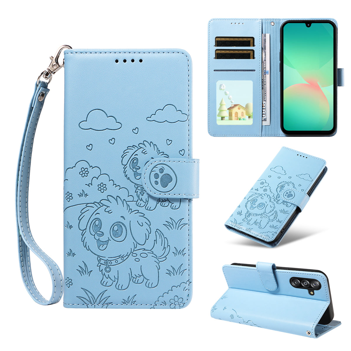 For-Samsung-Galaxy-A16-4G-/-A16-5G-/-A26-5G-/-A17-5G-/-A17-4G-Case-RFID-Blocking-Imprint-Dog-Pattern-PU-Leather-Phone-Cover-with-Wrist-Strap-Blue