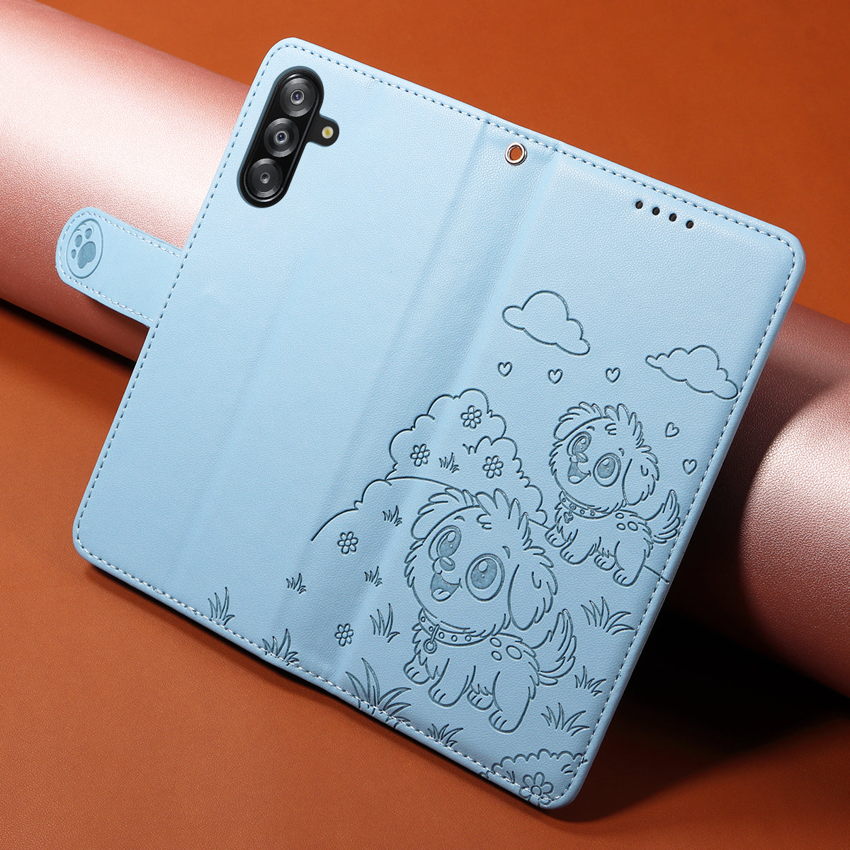 For-Samsung-Galaxy-A16-4G-/-A16-5G-/-A26-5G-/-A17-5G-/-A17-4G-Case-RFID-Blocking-Imprint-Dog-Pattern-PU-Leather-Phone-Cover-with-Wrist-Strap-Blue