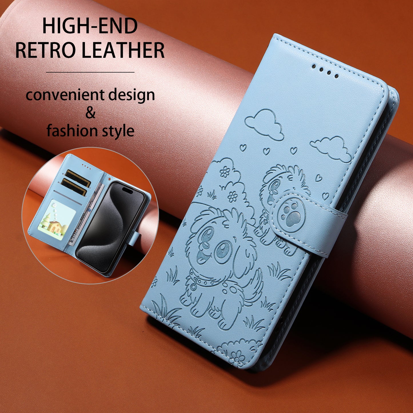 For-Samsung-Galaxy-A16-4G-/-A16-5G-/-A26-5G-/-A17-5G-/-A17-4G-Case-RFID-Blocking-Imprint-Dog-Pattern-PU-Leather-Phone-Cover-with-Wrist-Strap-Blue