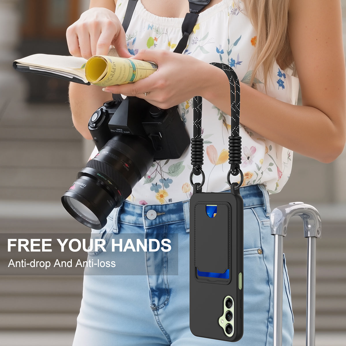 For-Samsung-Galaxy-A16-5G-/-Galaxy-A16-4G-Liquid-Silicone-Case-Phone-Back-Cover-with-Card-Holder-and-Short-Strap-Black