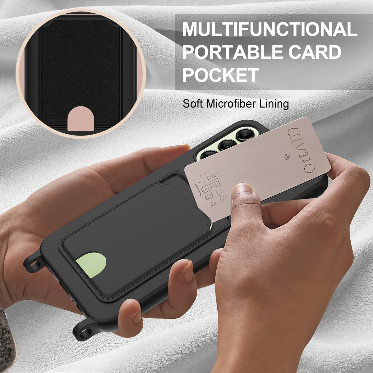 For-Samsung-Galaxy-A16-5G-/-Galaxy-A16-4G-Liquid-Silicone-Case-Phone-Back-Cover-with-Card-Holder-and-Short-Strap-Black