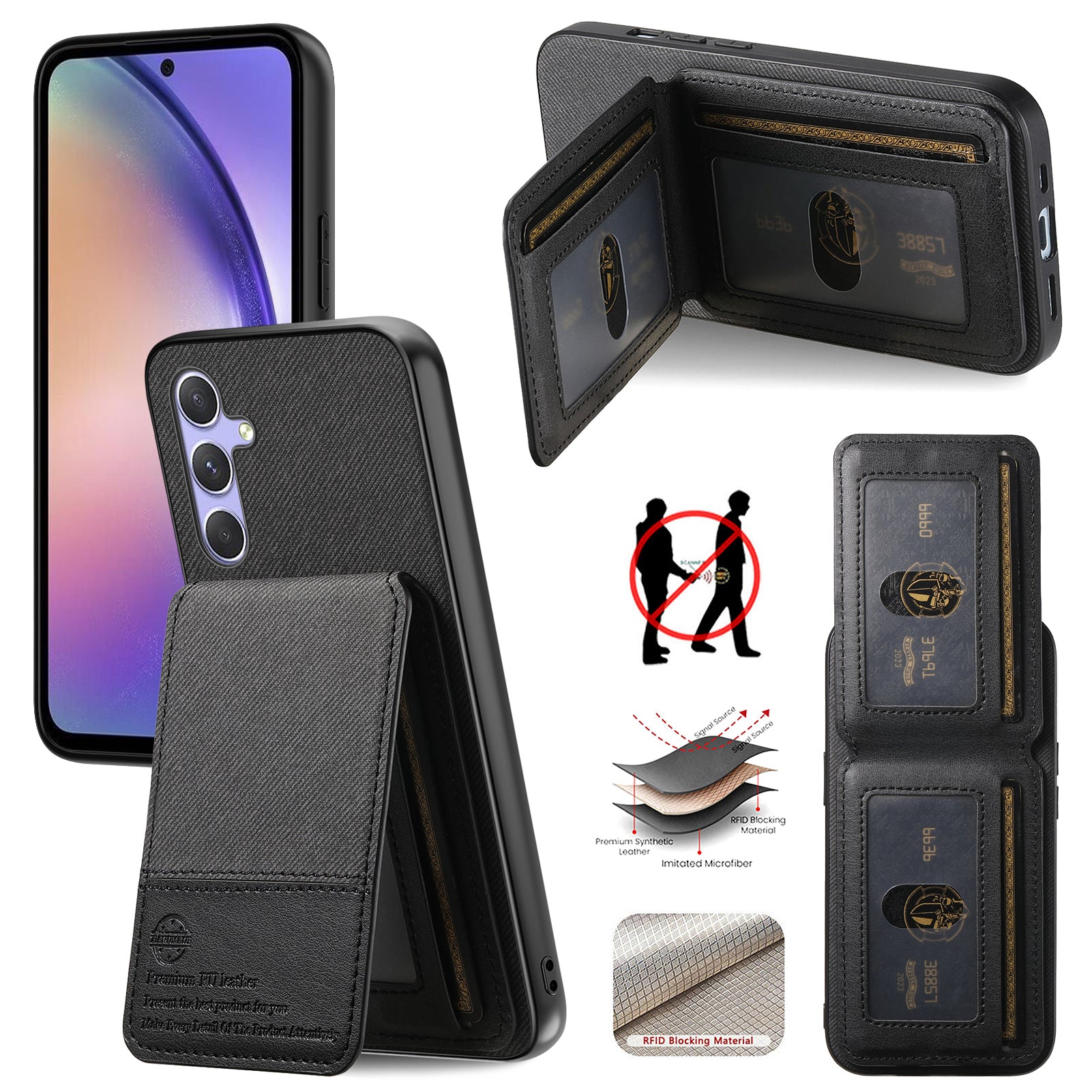 For-Samsung-Galaxy-A17-5G-/-A17-4G-Case-Cloth-Texture-Leather-+-PC-+-TPU-RFID-Blocking-Phone-Cover-with-Card-Holder-Black