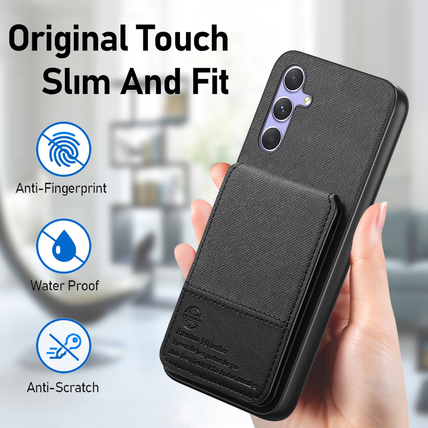For-Samsung-Galaxy-A17-5G-/-A17-4G-Case-Cloth-Texture-Leather-+-PC-+-TPU-RFID-Blocking-Phone-Cover-with-Card-Holder-Black