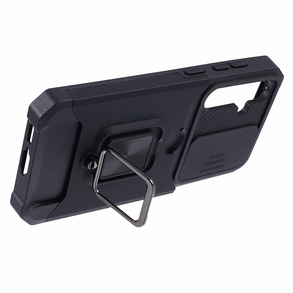 For-Samsung-Galaxy-S25-FE-Case-Kickstand-Slide-Lens-Lid-PC-+-TPU-Phone-Cover-with-Card-Slot-Black