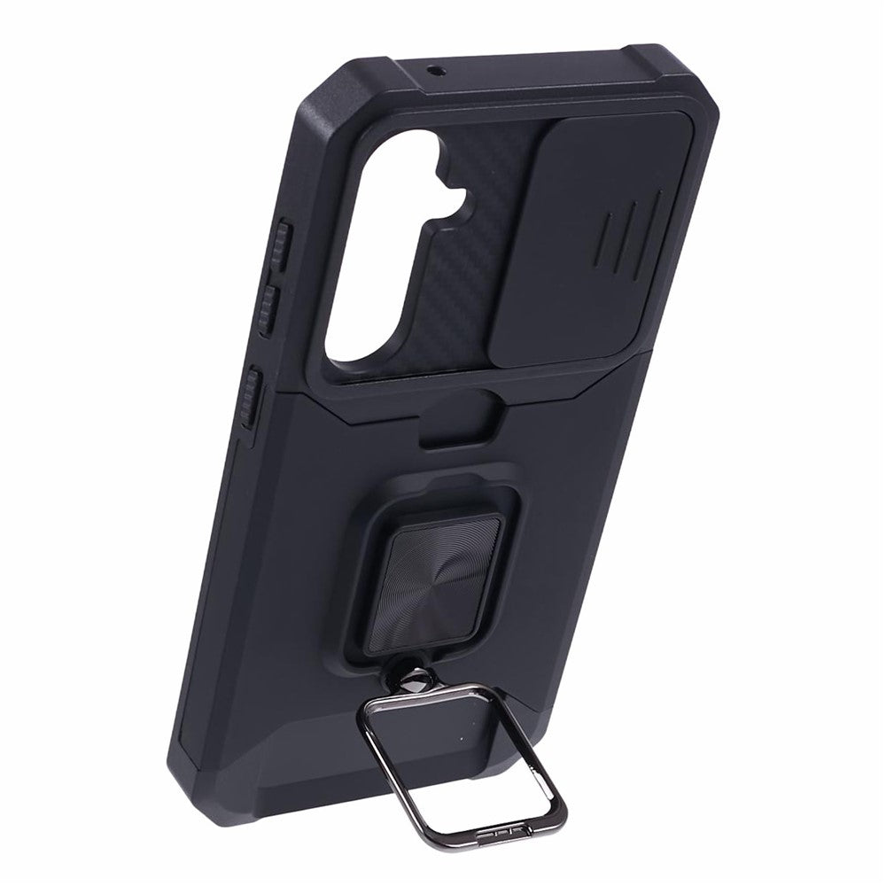 For-Samsung-Galaxy-S25-FE-Case-Kickstand-Slide-Lens-Lid-PC-+-TPU-Phone-Cover-with-Card-Slot-Black