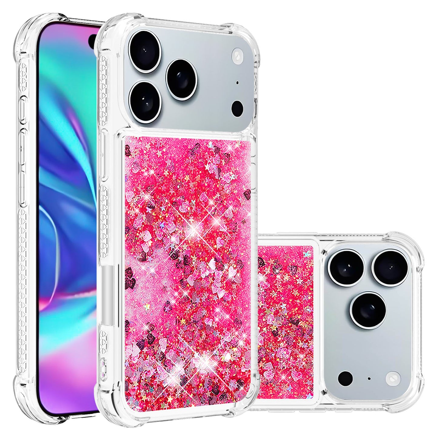 For-iPhone-17-Pro-Max-TPU-Case-Glitter-Quicksand-Shockproof-Phone-Back-Cover-Pink-/-Hearts
