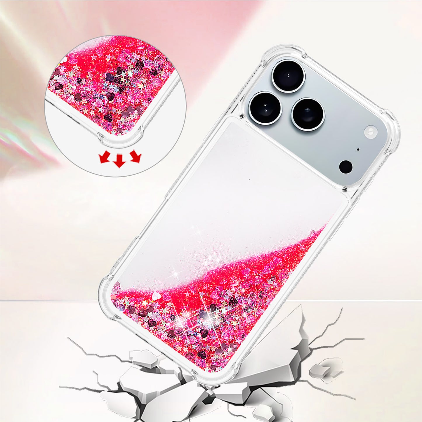 For-iPhone-17-Pro-Max-TPU-Case-Glitter-Quicksand-Shockproof-Phone-Back-Cover-Pink-/-Hearts