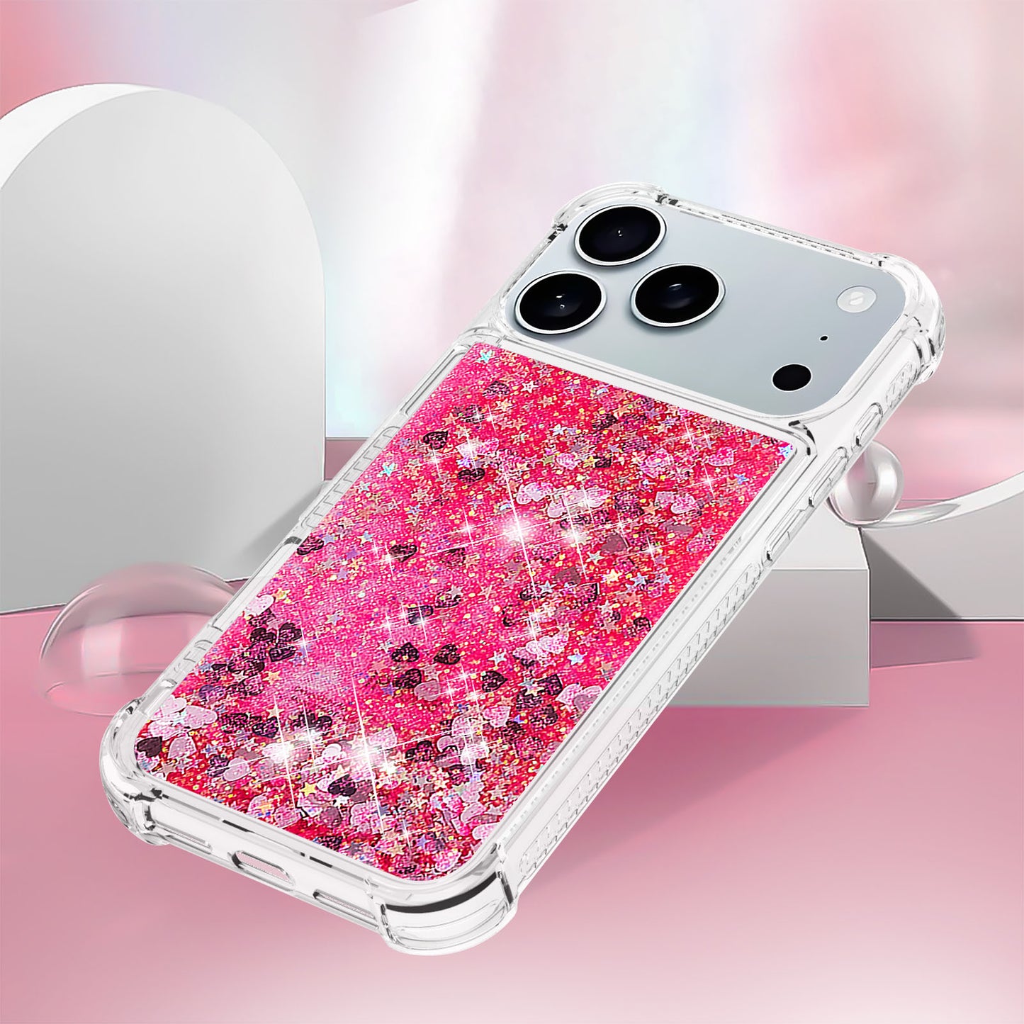 For-iPhone-17-Pro-Max-TPU-Case-Glitter-Quicksand-Shockproof-Phone-Back-Cover-Pink-/-Hearts