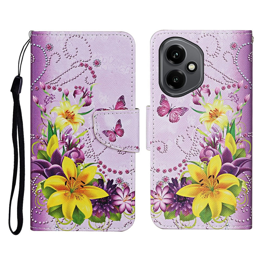 For-Honor-400-5G-(Global)-Case-Pattern-Printing-Protective-Leather-Folio-Phone-Cover-with-Wrist-Strap-Yellow-Butterfly