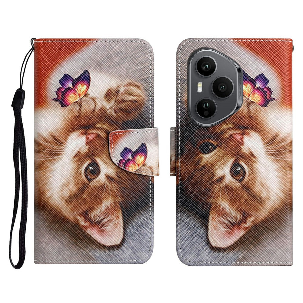 For-Honor-400-Pro-5G-(Global)-Case-Pattern-Printing-Protective-Leather-Folio-Phone-Cover-with-Wrist-Strap-Butterfly-Cat