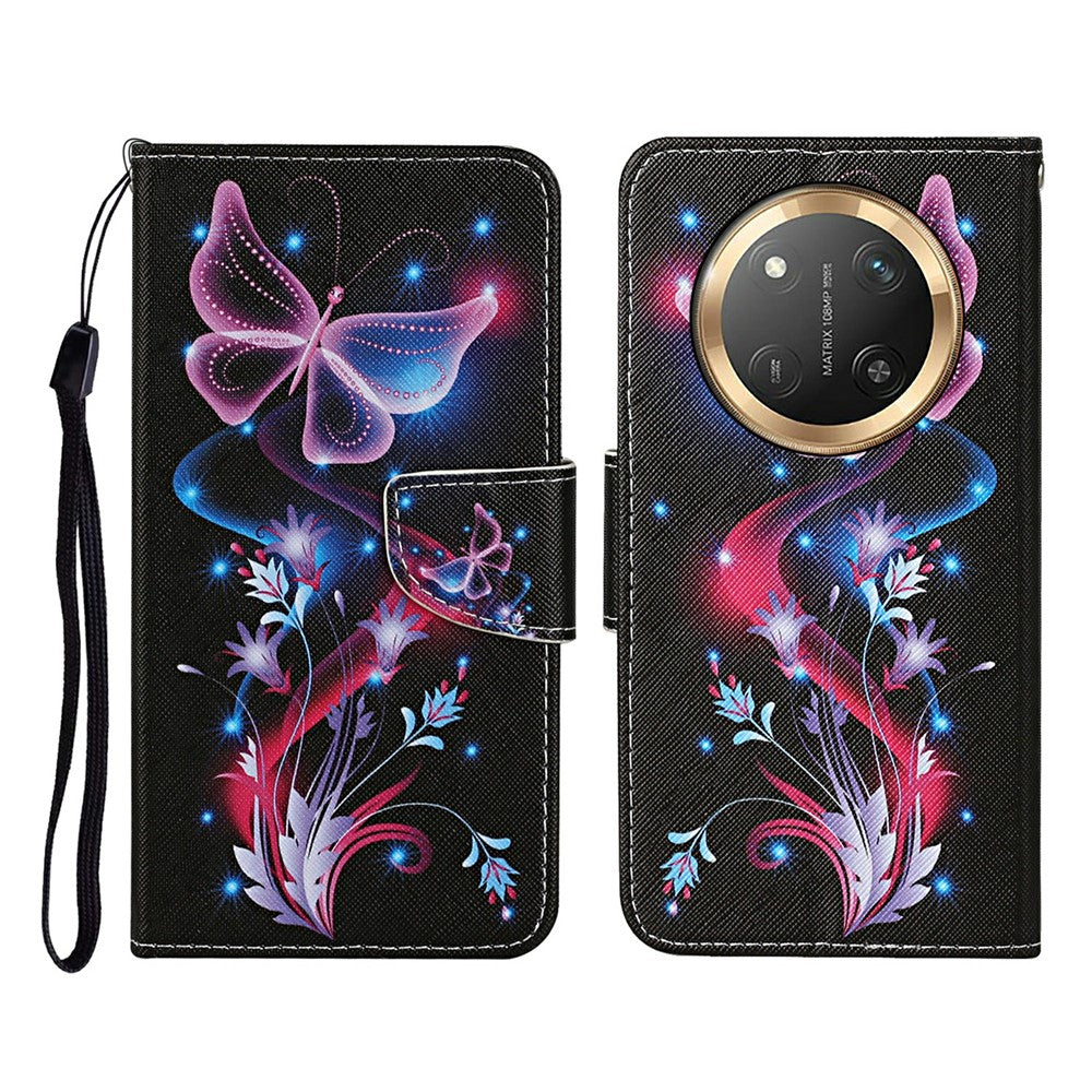 For-Honor-X60-Pro-5G-/-X9c-5G-/-Magic7-Lite-5G-Case-Pattern-Printing-Protective-Leather-Folio-Phone-Cover-with-Wrist-Strap-Glowing-Butterfly