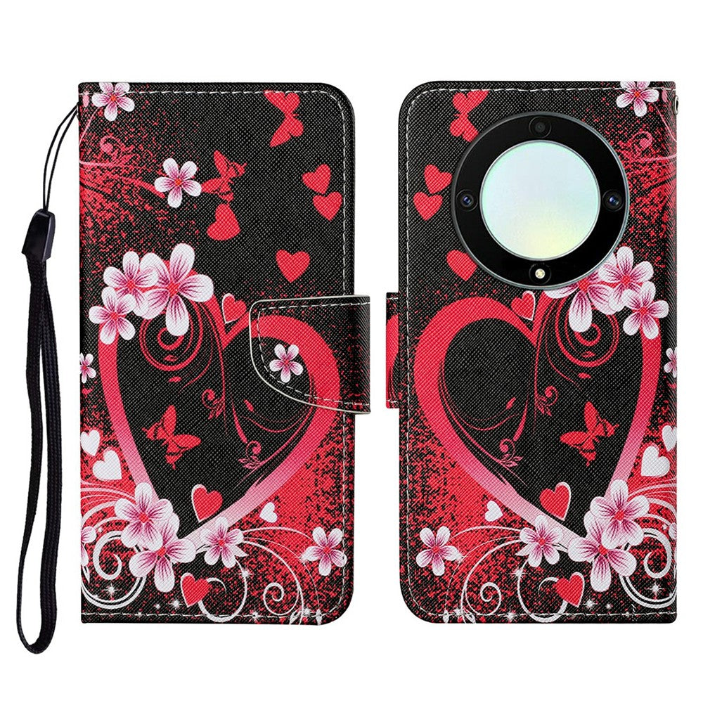 For-Honor-Magic5-Lite-5G-/-X9a-5G-Case-Pattern-Printing-Protective-Leather-Folio-Phone-Cover-with-Wrist-Strap-Red-Heart