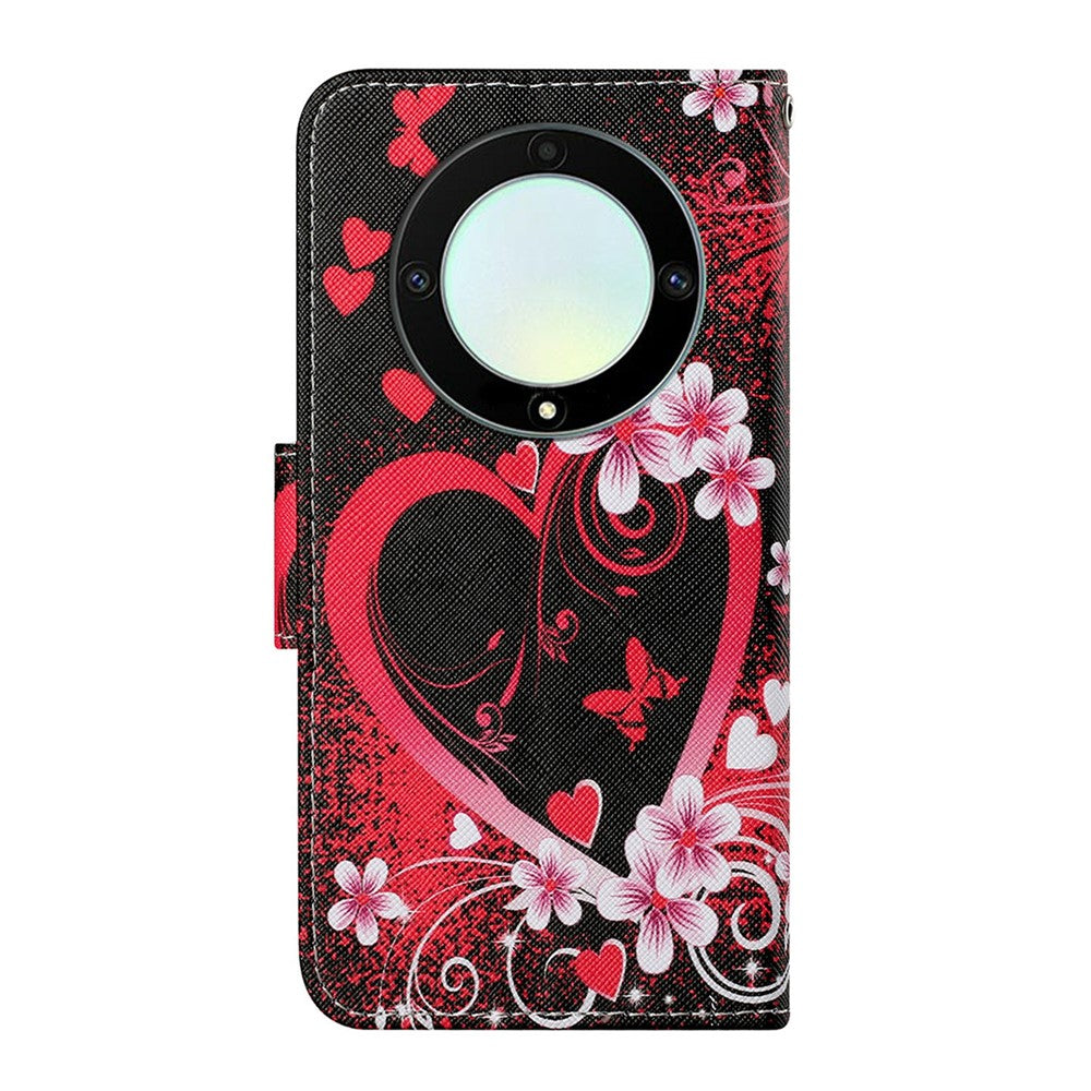 For-Honor-Magic5-Lite-5G-/-X9a-5G-Case-Pattern-Printing-Protective-Leather-Folio-Phone-Cover-with-Wrist-Strap-Red-Heart