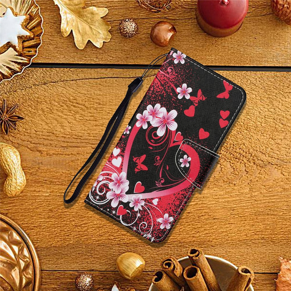 For-Honor-Magic5-Lite-5G-/-X9a-5G-Case-Pattern-Printing-Protective-Leather-Folio-Phone-Cover-with-Wrist-Strap-Red-Heart