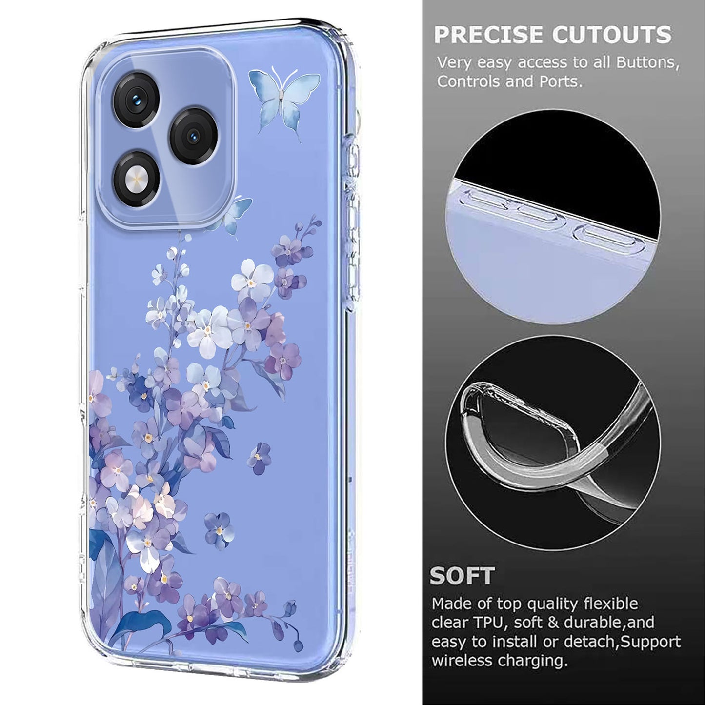 For-Honor-400-Lite-5G-Case-Butterfly-Floral-Pattern-Printing-TPU-Phone-Back-Cover-Violets