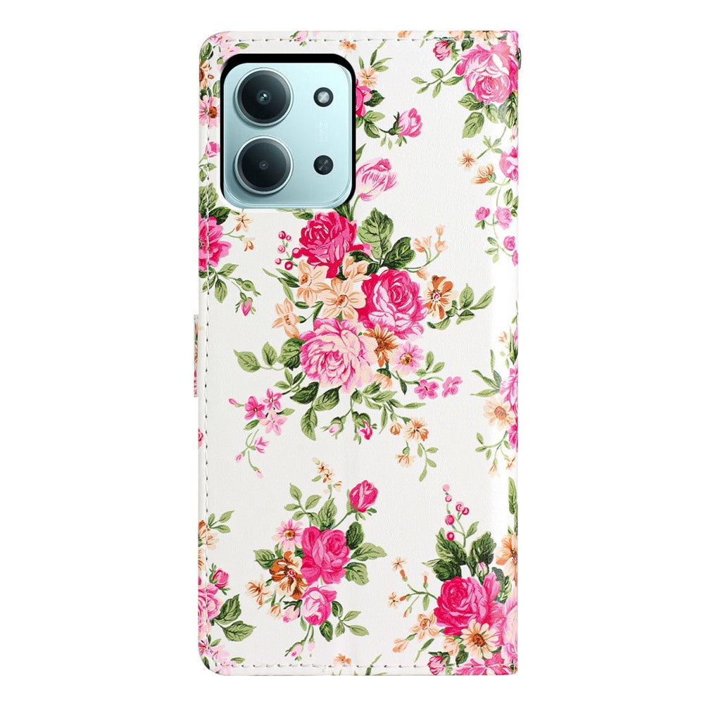 For-Xiaomi-Redmi-15C-4G-(Global)-(171mm)-/-Poco-C85-4G-(171mm)-Wallet-Case-PU-Leather-Pattern-Printing-Stand-Phone-Cover-with-Strap-Red-Flowers
