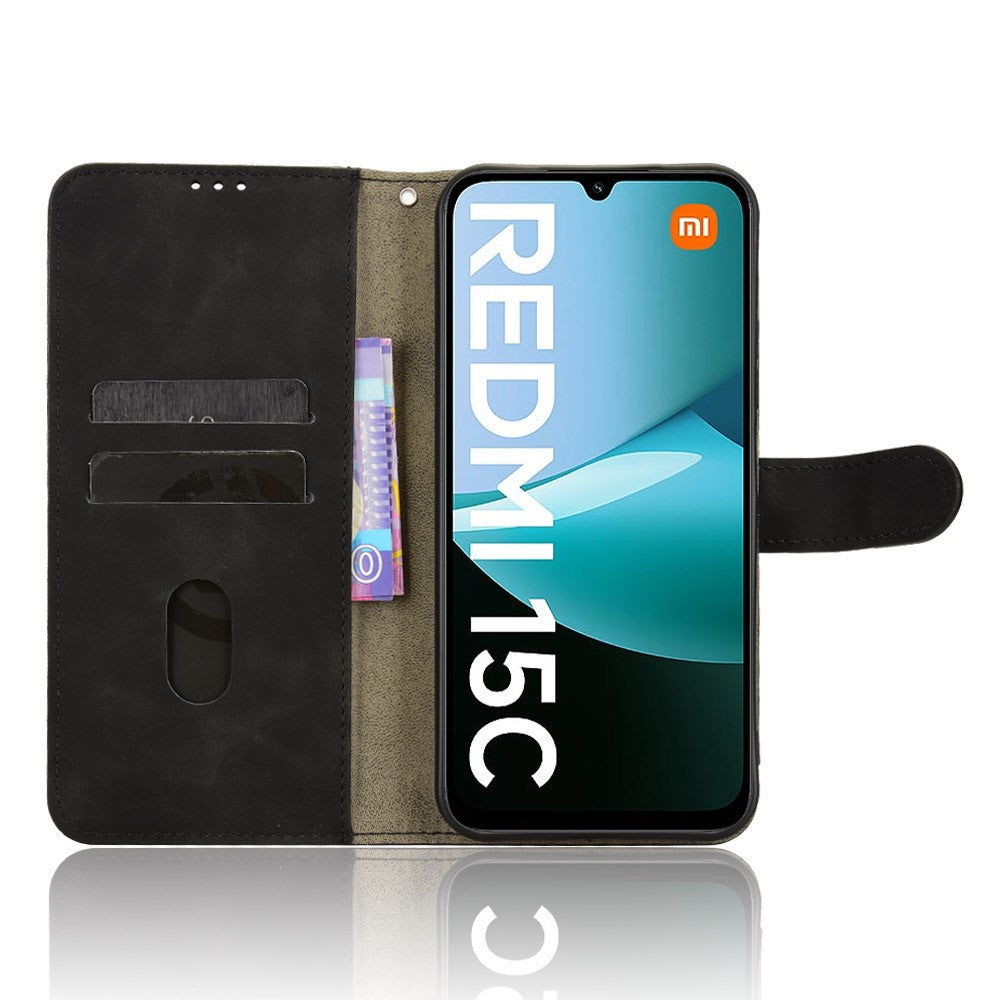 For-Xiaomi-Redmi-15C-5G-(EU)-(173mm)-/-15C-4G-(EU)-(173mm)-Leather-Case-Skin-Feel-Anti-Drop-Wallet-Flip-Phone-Cover-Black