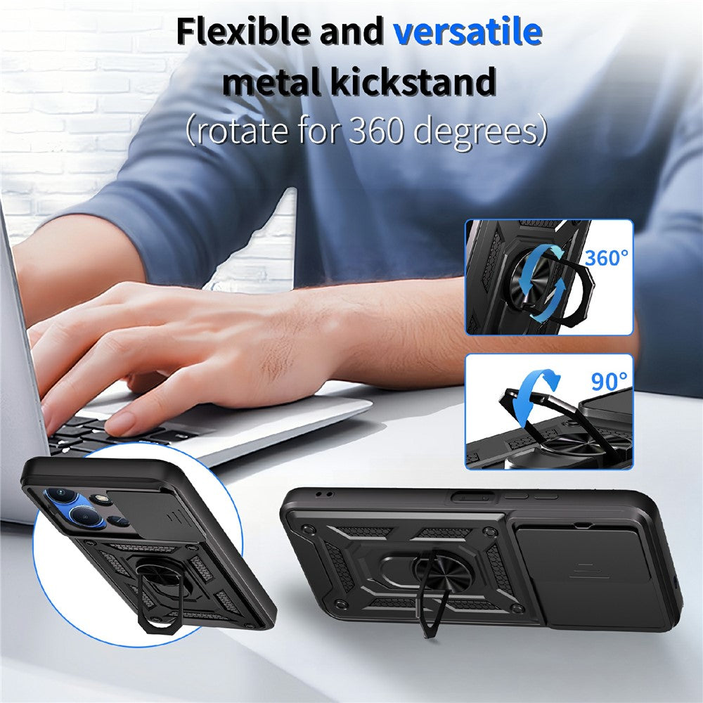 For-Xiaomi-Redmi-15C-5G-(EU)-(173mm)-/-15C-4G-(EU)-(173mm)-Case-with-Slide-Camera-Lid-PC-+-TPU-Kickstand-Phone-Cover-Black