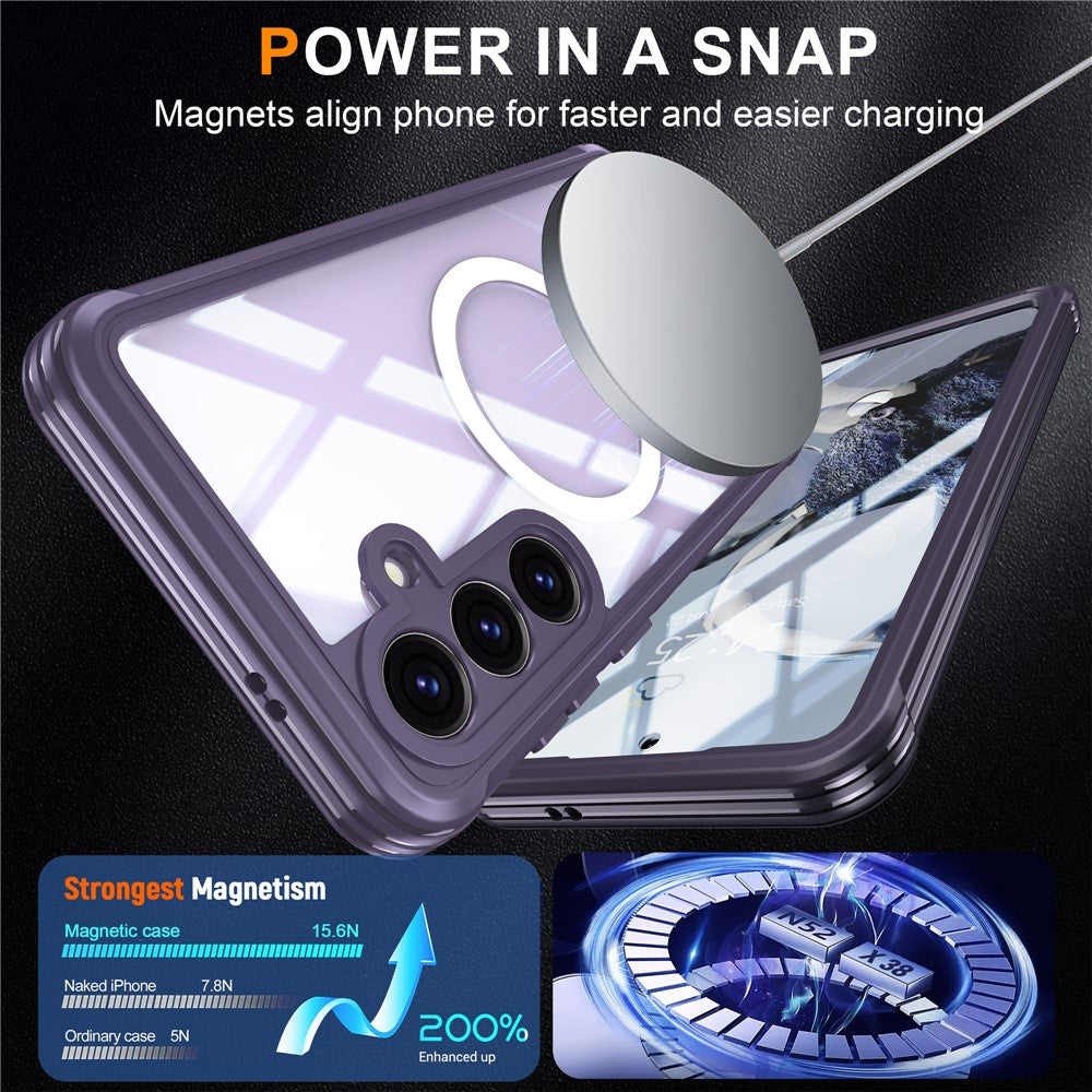 For-Samsung-Galaxy-S25-FE-Magnetic-Case-PC-+-TPU-Phone-Cover-with-Tempered-Glass-Screen-Film-Purple