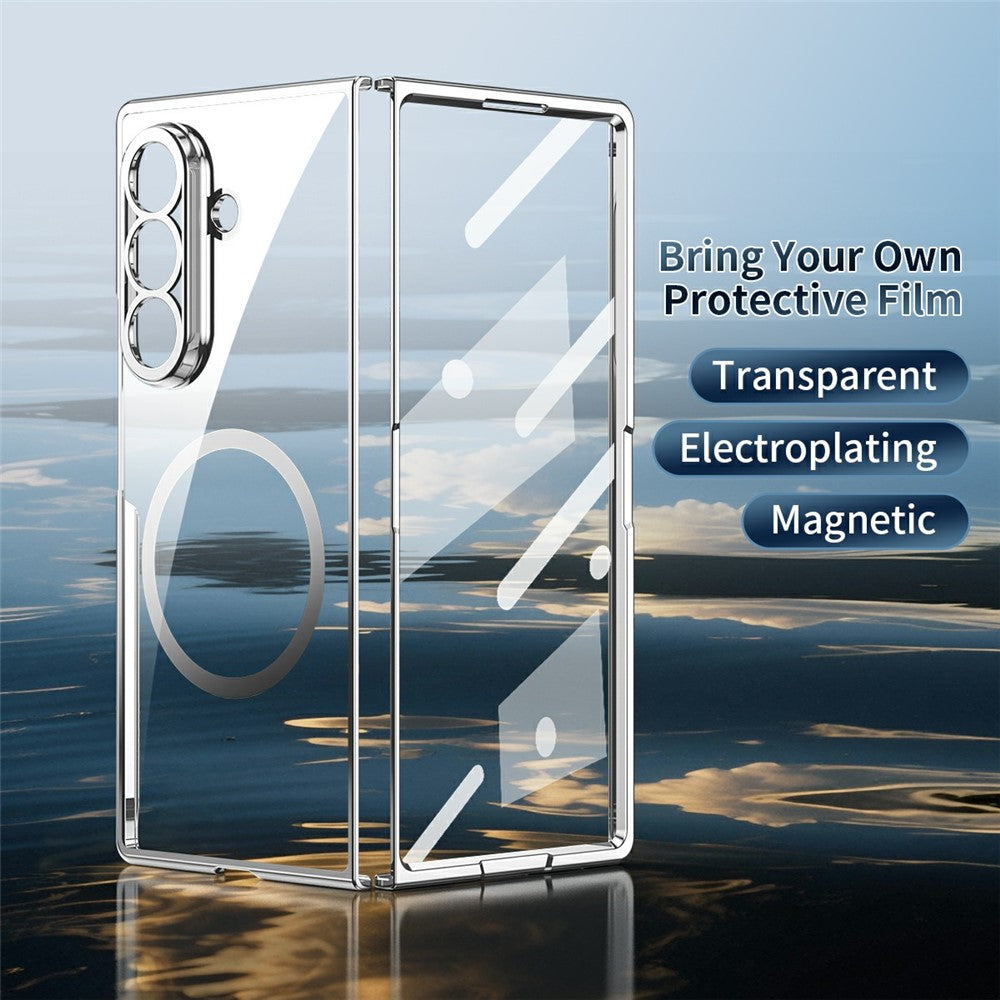 For-Samsung-Galaxy-Z-Fold7-5G-Magnetic-Case-Electroplated-PC-Clear-Phone-Cover-with-Tempered-Glass-Film-Silver