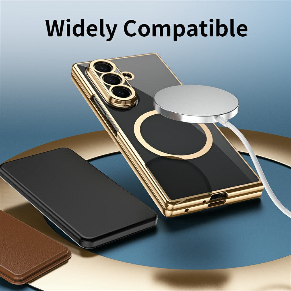For-Samsung-Galaxy-Z-Fold7-5G-Magnetic-Case-Electroplated-PC-Clear-Phone-Cover-with-Tempered-Glass-Film-Silver