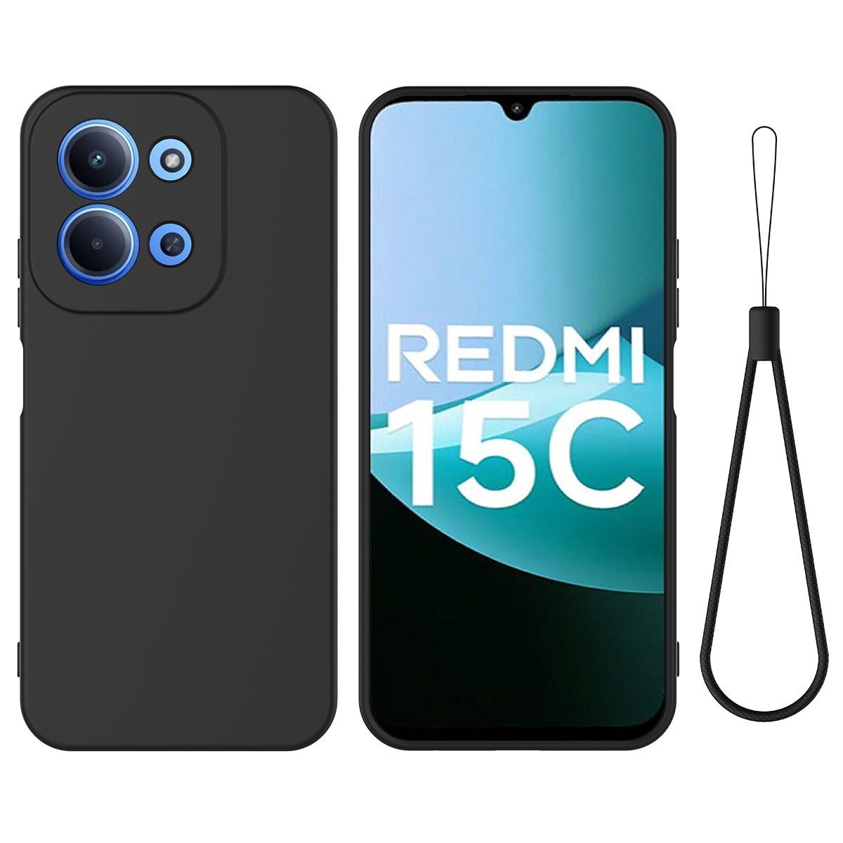 For-Xiaomi-Redmi-15C-5G-(EU)-(173mm)-/-15C-4G-(EU)-(173mm)-Liquid-Silicone-Case-Phone-Back-Cover-with-Hand-Strap-Black