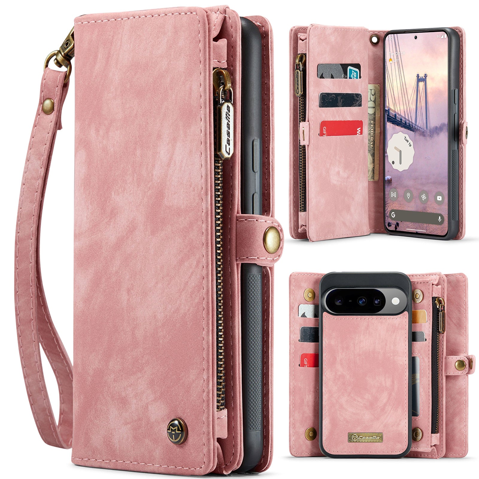 For-Google-Pixel-10-Pro-/-Google-Pixel-10-Phone-Cases-CASEME-008-Leather-Cover-with-Detachable-Wallet-and-Strap-Pink