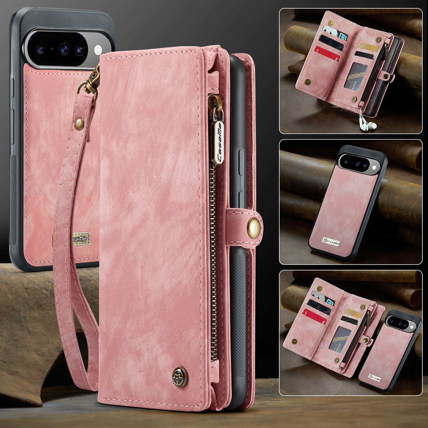 For-Google-Pixel-10-Pro-/-Google-Pixel-10-Phone-Cases-CASEME-008-Leather-Cover-with-Detachable-Wallet-and-Strap-Pink