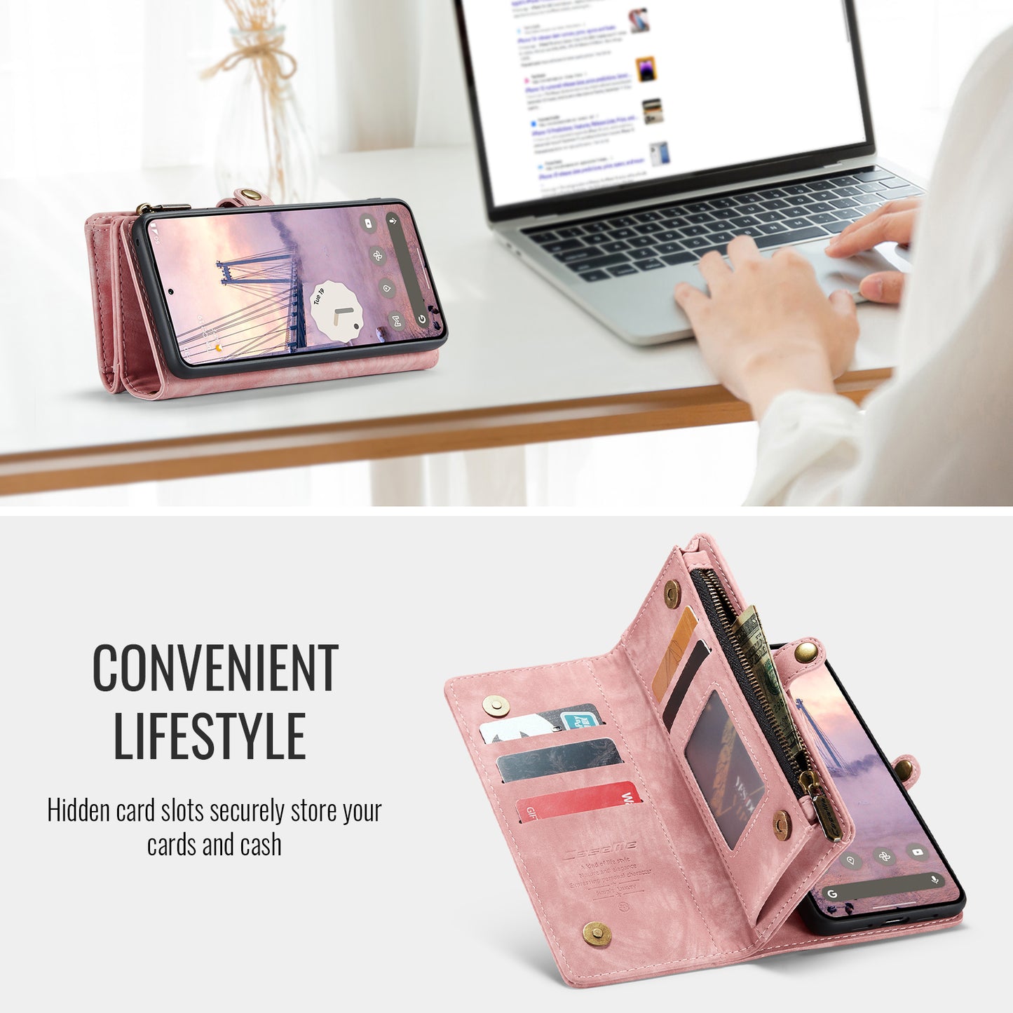 For-Google-Pixel-10-Pro-/-Google-Pixel-10-Phone-Cases-CASEME-008-Leather-Cover-with-Detachable-Wallet-and-Strap-Pink