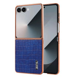 AZNS-For-Samsung-Galaxy-Z-Flip7-5G-Case-Electroplating-Crocodile-Texture-PU-+-PC-Phone-Cover-Blue