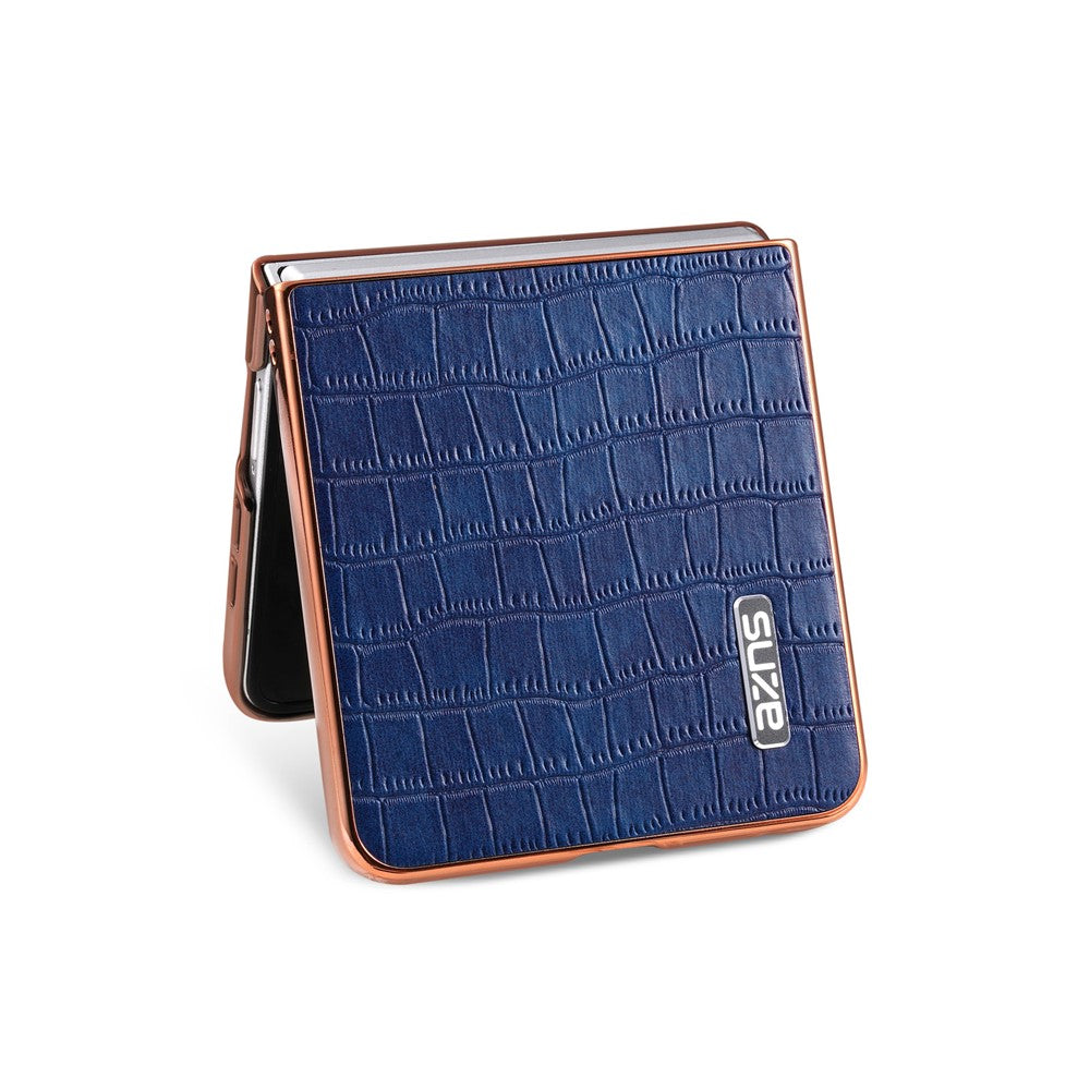 AZNS-For-Samsung-Galaxy-Z-Flip7-5G-Case-Electroplating-Crocodile-Texture-PU-+-PC-Phone-Cover-Blue