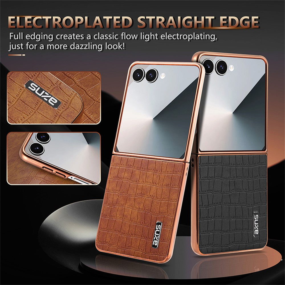 AZNS-For-Samsung-Galaxy-Z-Flip7-5G-Case-Electroplating-Crocodile-Texture-PU-+-PC-Phone-Cover-Blue