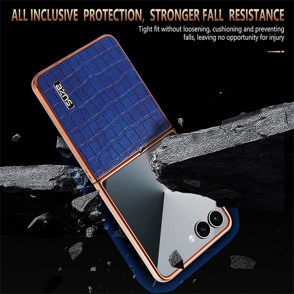 AZNS-For-Samsung-Galaxy-Z-Flip7-5G-Case-Electroplating-Crocodile-Texture-PU-+-PC-Phone-Cover-Blue