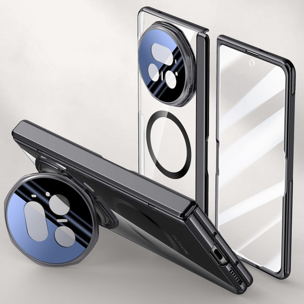 For-Honor-Magic-V5-5G-Magnetic-Case-PC-+-Acrylic-Phone-Cover-with-HD-Tempered-Glass-Film,-Lens-Kickstand-Black