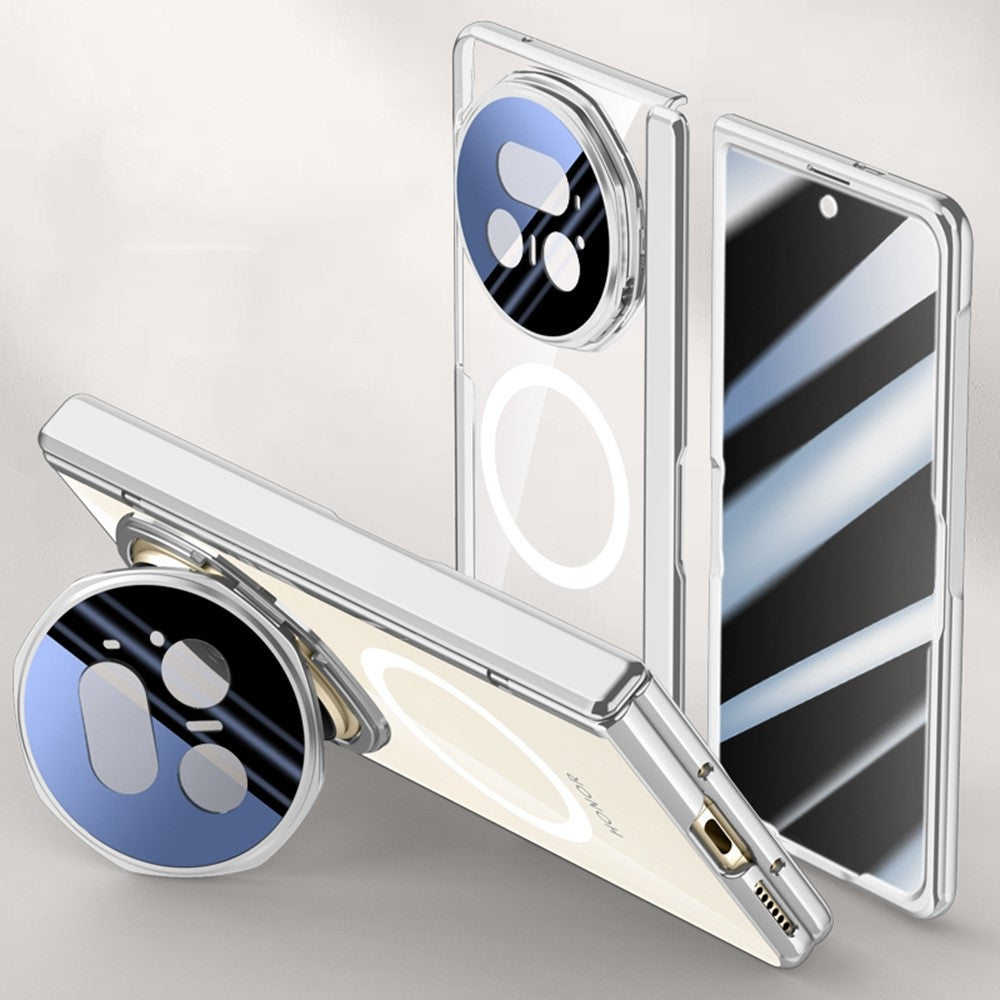 For-Honor-Magic-V5-5G-Magnetic-Case-PC-+-Acrylic-Phone-Cover-with-Anti-Spy-Screen-Protector,-Lens-Kickstand-Silver