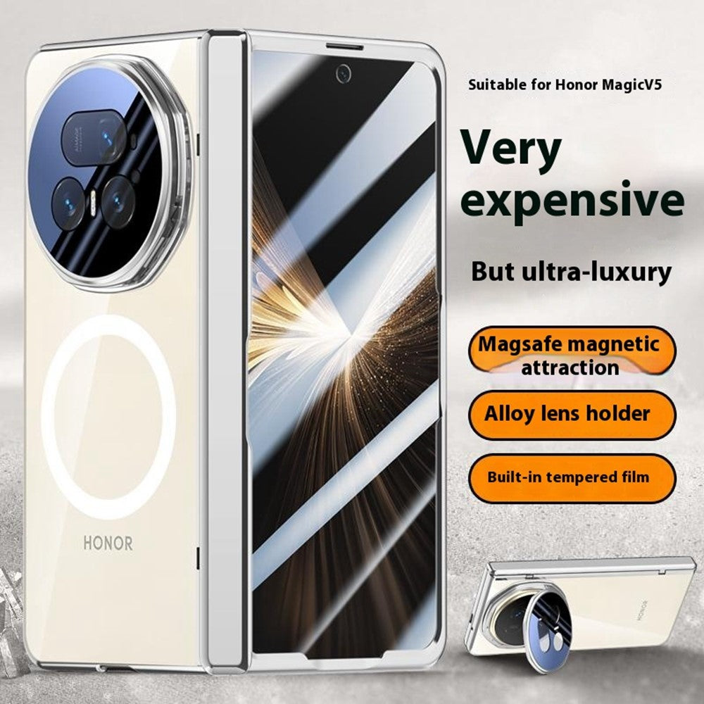 For-Honor-Magic-V5-5G-Magnetic-Case-PC-+-Acrylic-Phone-Cover-with-Anti-Spy-Screen-Protector,-Lens-Kickstand-Silver