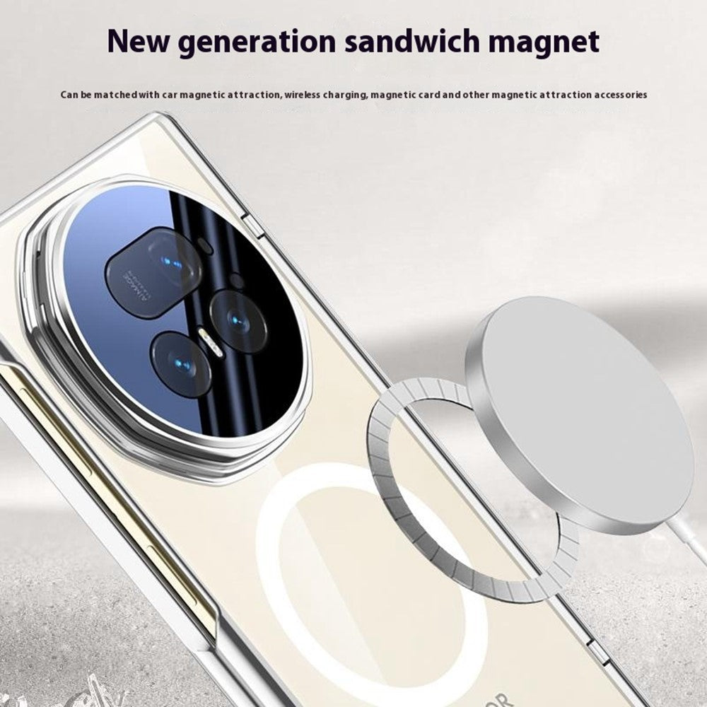 For-Honor-Magic-V5-5G-Magnetic-Case-PC-+-Acrylic-Phone-Cover-with-Anti-Spy-Screen-Protector,-Lens-Kickstand-Silver