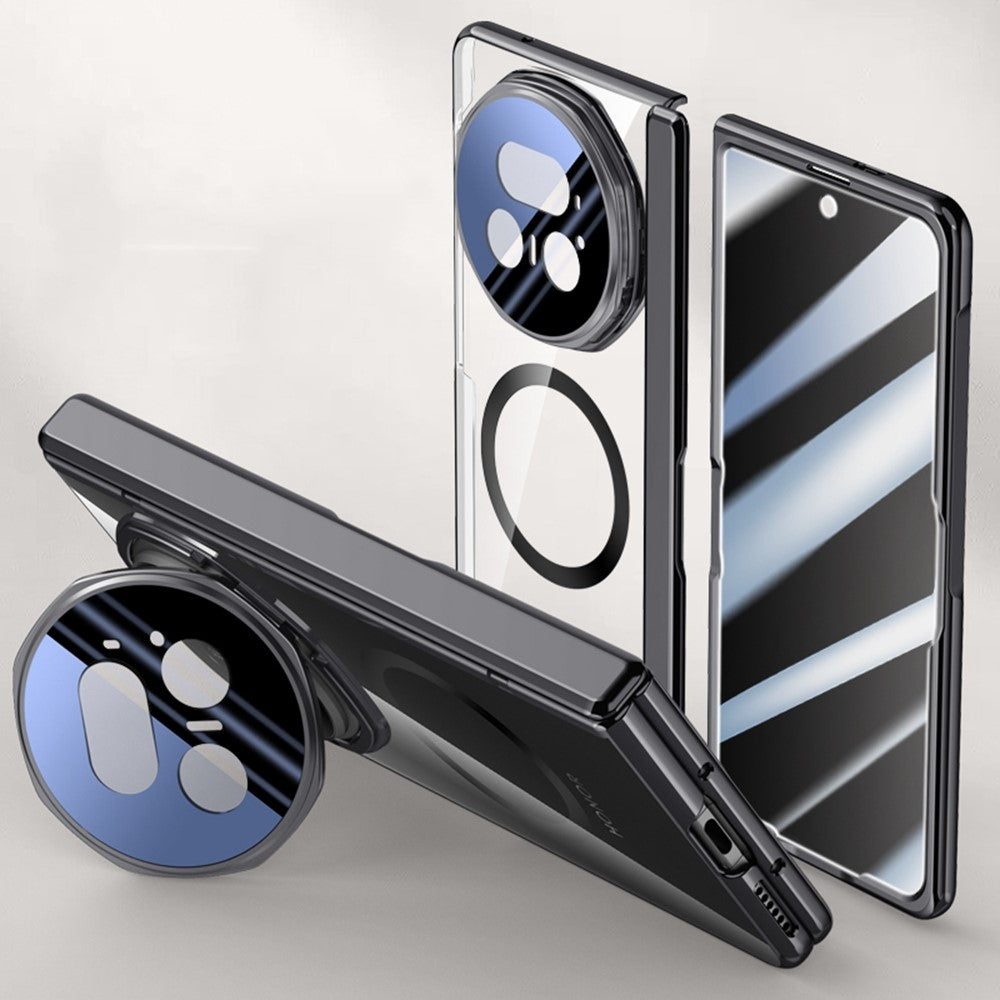 For-Honor-Magic-V5-5G-Magnetic-Case-PC-+-Acrylic-Phone-Cover-with-Anti-Spy-Screen-Protector,-Lens-Kickstand-Black