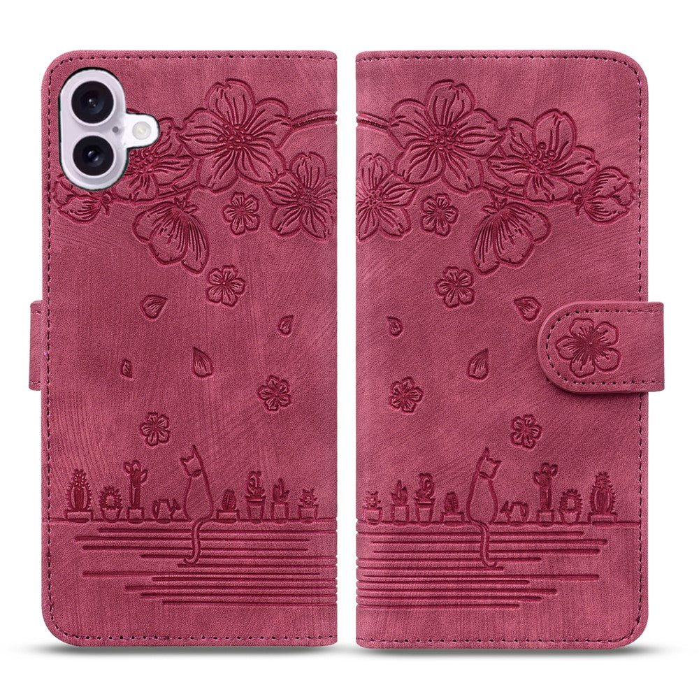 For-iPhone-17-Case-Cherry-Blossom-Cat-Imprinted-Leather-Phone-Cover-with-Wrist-Strap-Red