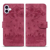 For-iPhone-17-Case-Cherry-Blossom-Cat-Imprinted-Leather-Phone-Cover-with-Wrist-Strap-Red