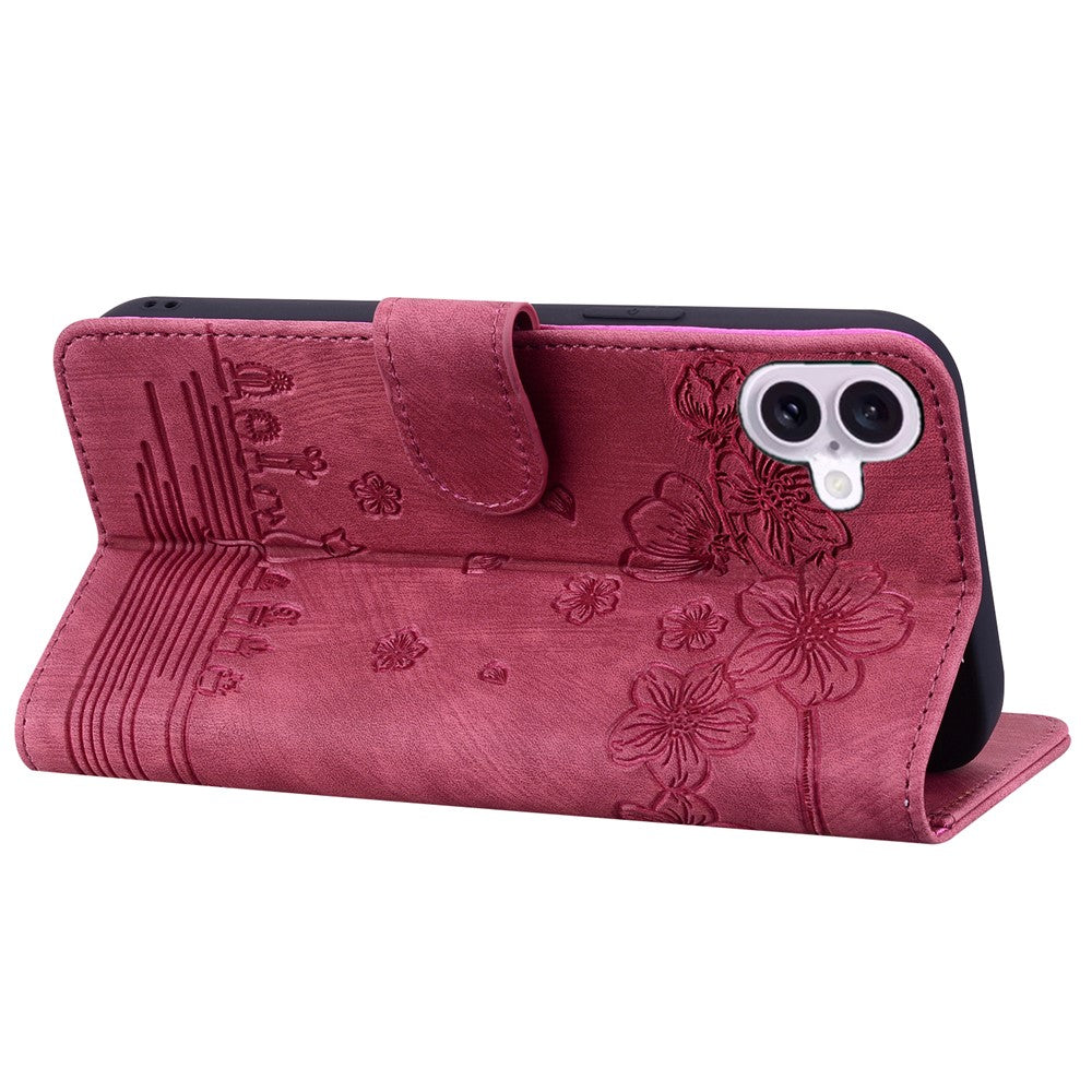For-iPhone-17-Case-Cherry-Blossom-Cat-Imprinted-Leather-Phone-Cover-with-Wrist-Strap-Red
