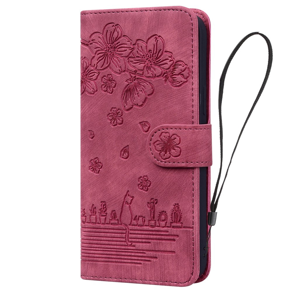 For-iPhone-17-Case-Cherry-Blossom-Cat-Imprinted-Leather-Phone-Cover-with-Wrist-Strap-Red
