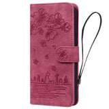 For-iPhone-17-Case-Cherry-Blossom-Cat-Imprinted-Leather-Phone-Cover-with-Wrist-Strap-Red