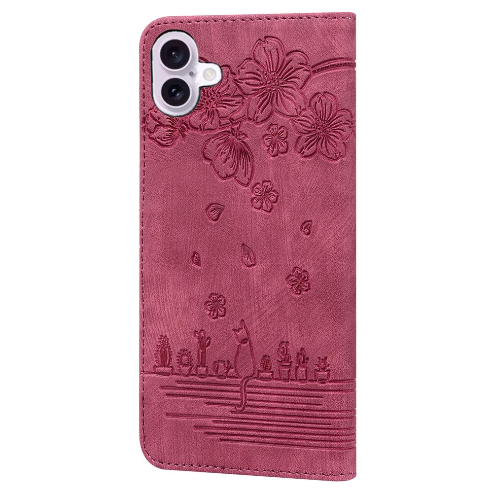 For-iPhone-17-Case-Cherry-Blossom-Cat-Imprinted-Leather-Phone-Cover-with-Wrist-Strap-Red