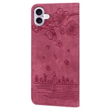 For-iPhone-17-Case-Cherry-Blossom-Cat-Imprinted-Leather-Phone-Cover-with-Wrist-Strap-Red