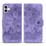 For-iPhone-17-Case-Cherry-Blossom-Cat-Imprinted-Leather-Phone-Cover-with-Wrist-Strap-Purple